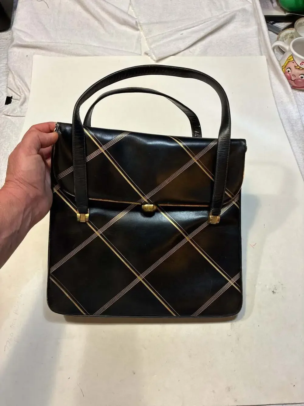 Vintage Black and Gold Striped Crosshatch Pattern Handbag with Top Handle